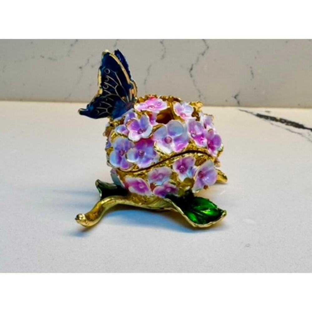 Floral Enamel Trinket Box Butterfly Egg Hinged Gold Tone Jewelry Box